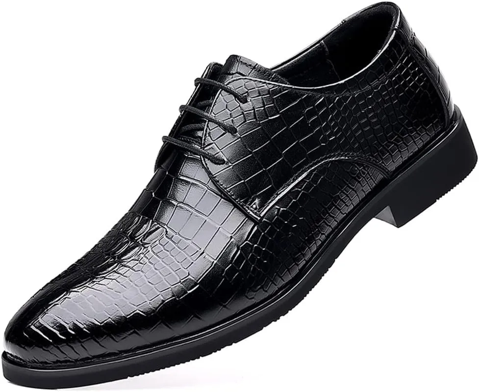 Dress Oxford Shoes for Men Lace Up Crocodile Print Faux Leather Derby Shoes Rubber Sole Non Slip Block Heel Low Top Prom