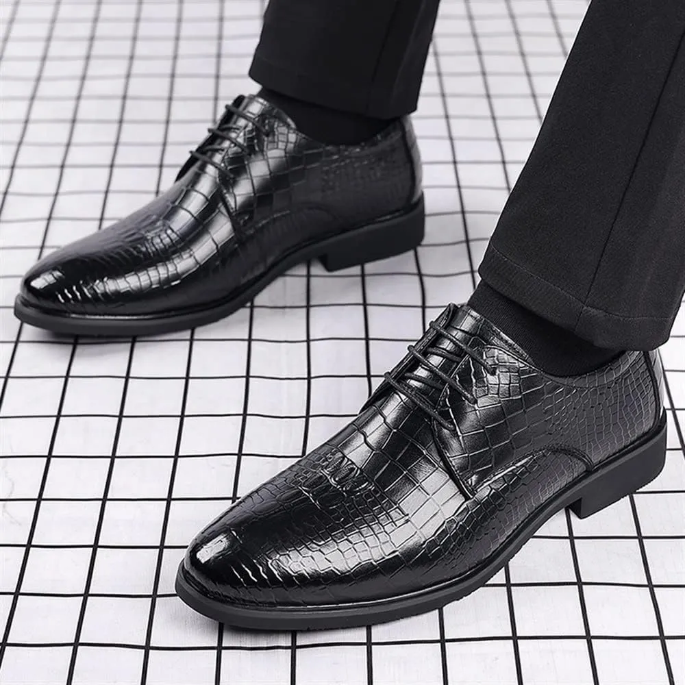 Dress Oxford Shoes for Men Lace Up Crocodile Print Faux Leather Derby Shoes Rubber Sole Non Slip Block Heel Low Top Prom