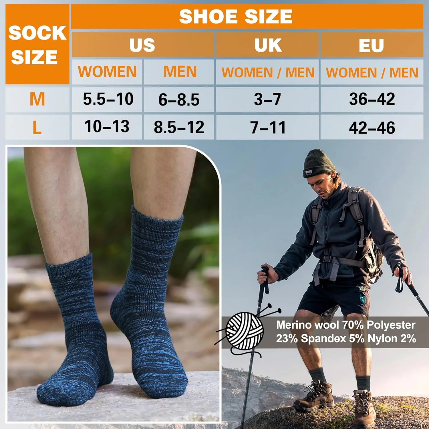 EBMORE Merino Wool Thermal Warm Socks Thick Winter Hiking Cozy Crew Comfy Cushioning Socks 4 Pairs for Women Men