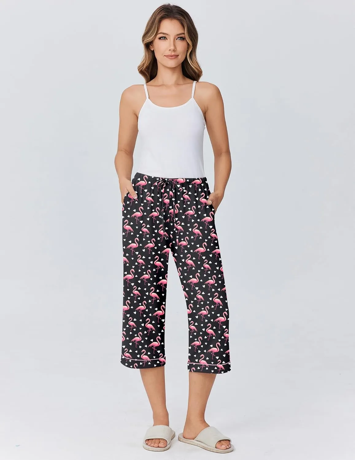 Ekouaer Womens Pajamas Pants Capri Pj Bottoms with Pockets Comfy Drawstring Printed Lounge Soft Sleep Pants