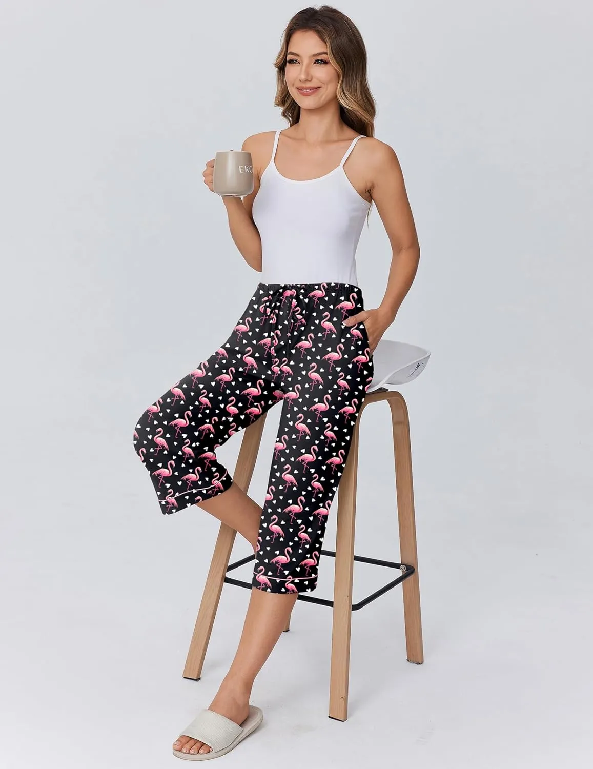 Ekouaer Womens Pajamas Pants Capri Pj Bottoms with Pockets Comfy Drawstring Printed Lounge Soft Sleep Pants