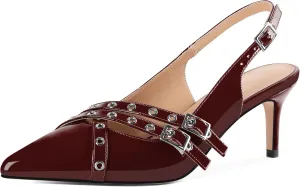 Eldof Women Slingback Heels Buckle Strap Pointed Toe Slip On Kitten Heel Pumps Shoes Dressy Studded Eyelet 2.5 Inches