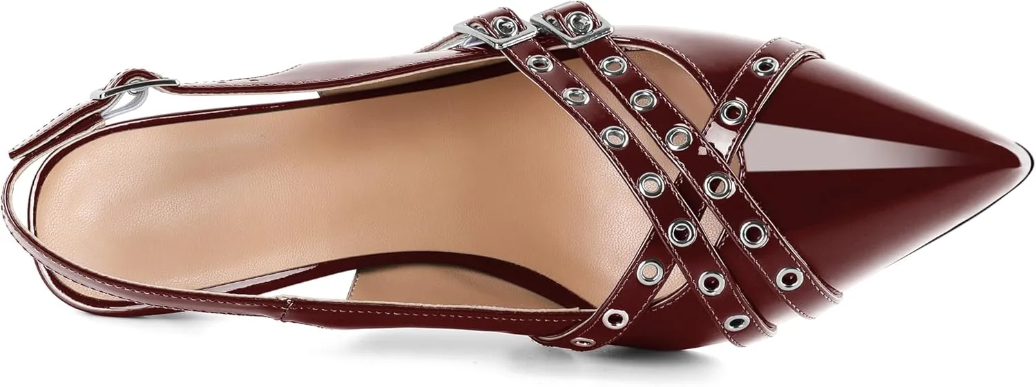 Eldof Women Slingback Heels Buckle Strap Pointed Toe Slip On Kitten Heel Pumps Shoes Dressy Studded Eyelet 2.5 Inches