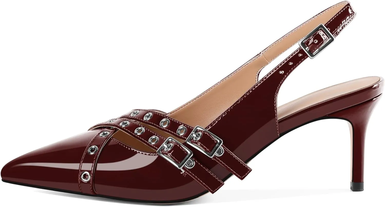 Eldof Women Slingback Heels Buckle Strap Pointed Toe Slip On Kitten Heel Pumps Shoes Dressy Studded Eyelet 2.5 Inches