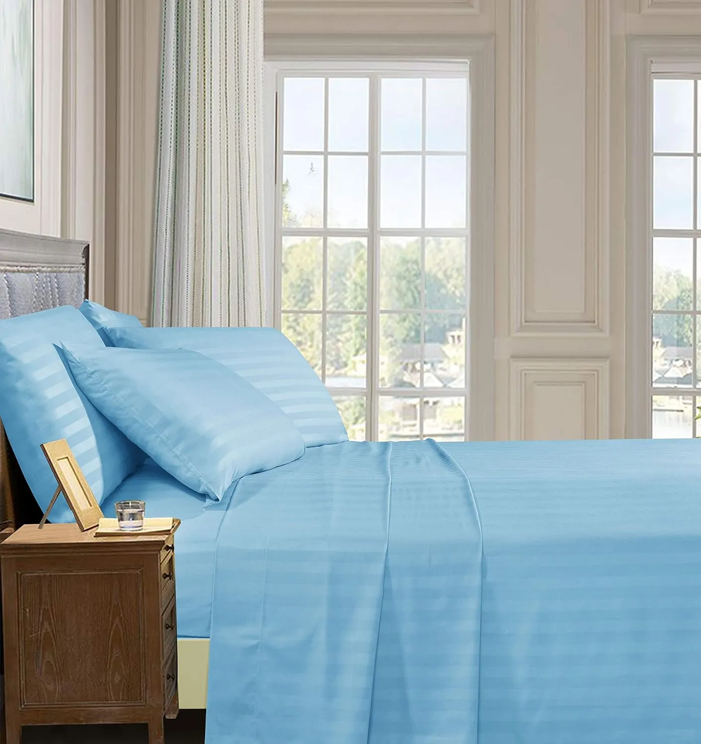 Elegant Comfort Best, Softest, Coziest 6-Piece Sheet Sets! - 1500 Premier Hotel Quality Luxurious Wrinkle Resistant 6-Piece Damask Stripe Bed Sheet Set, California King Aqua Blue