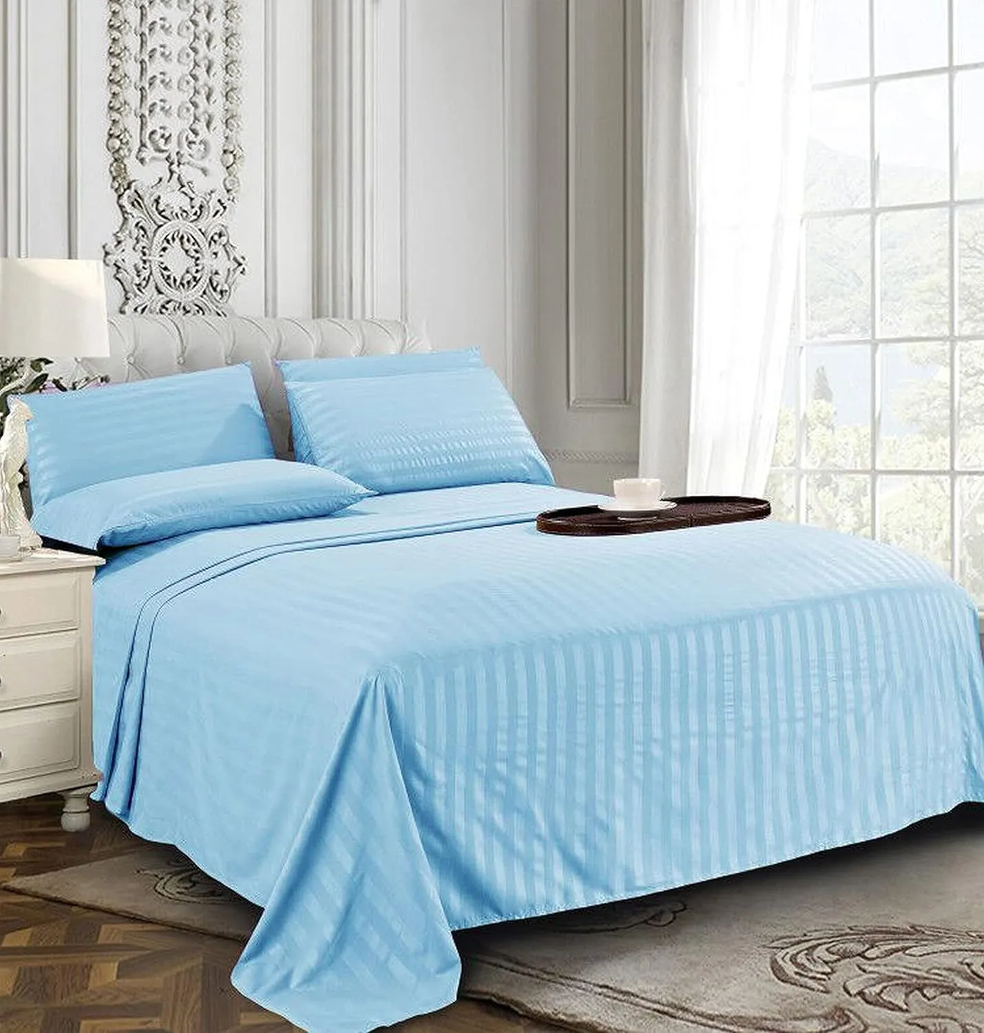 Elegant Comfort Best, Softest, Coziest 6-Piece Sheet Sets! - 1500 Premier Hotel Quality Luxurious Wrinkle Resistant 6-Piece Damask Stripe Bed Sheet Set, California King Aqua Blue