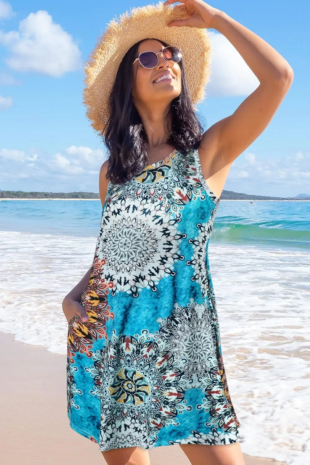 elescat Women's Summer Dresses 2025 Beach Casual Sleeveless Floral Print Tank Loose Sundress with Pocket