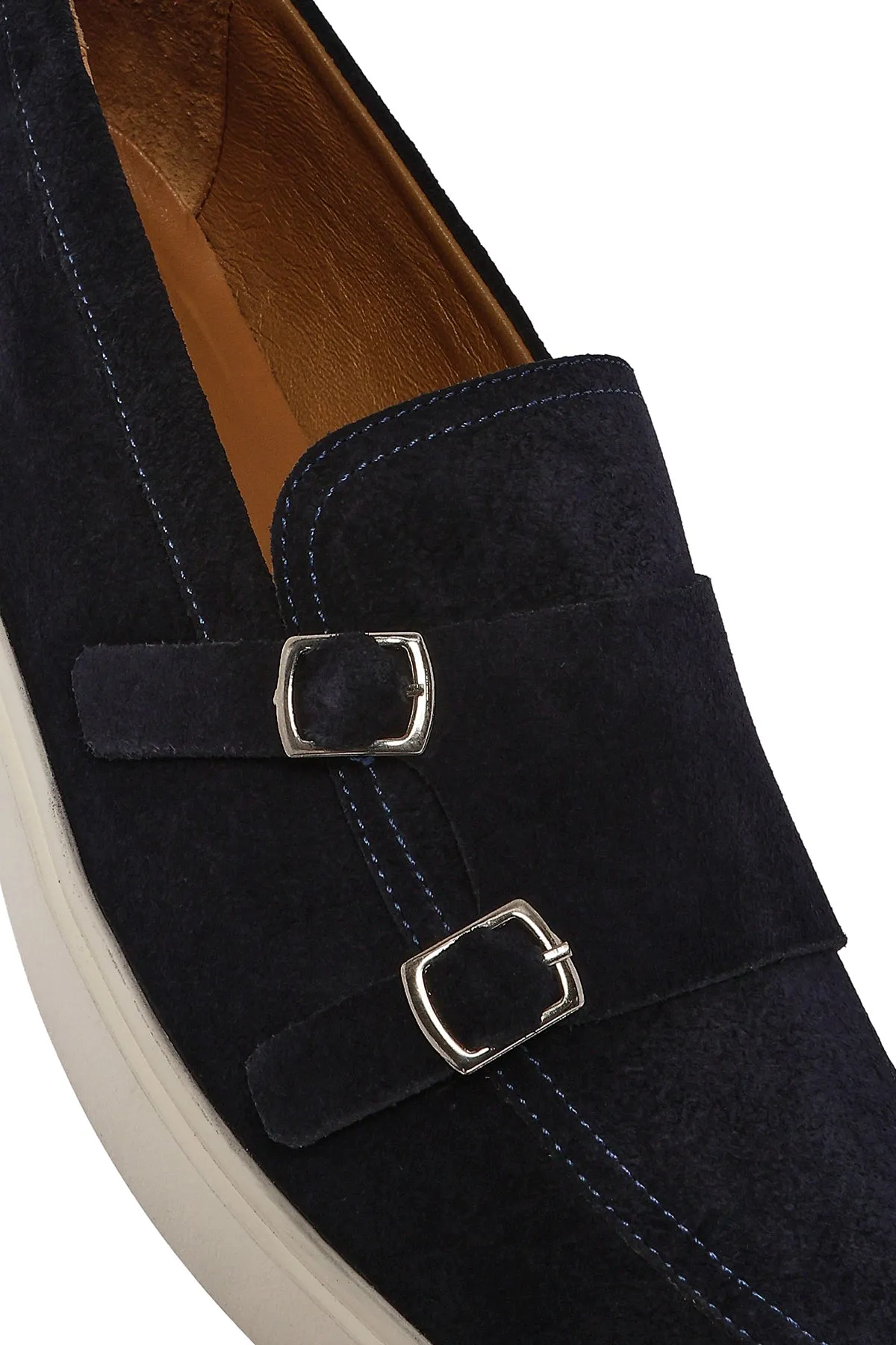 Erkek Lacivert Çift Tokalı Süet Deri Casual Loafer