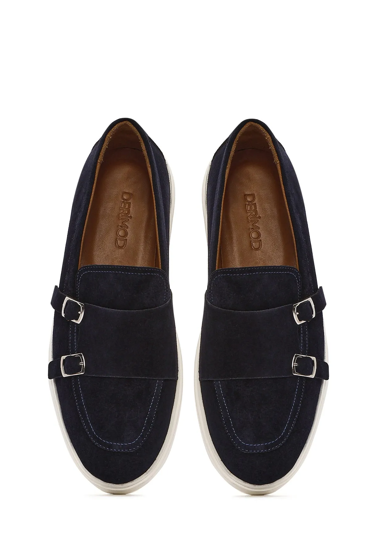 Erkek Lacivert Çift Tokalı Süet Deri Casual Loafer