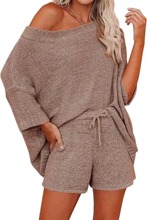Ermonn Womens 2 Piece Outfits Sweater Sets Off Shoulder Knit Tops Waist Short Suits Casual Pajama Set