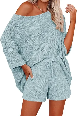 Ermonn Womens 2 Piece Outfits Sweater Sets Off Shoulder Knit Tops Waist Short Suits Casual Pajama Set