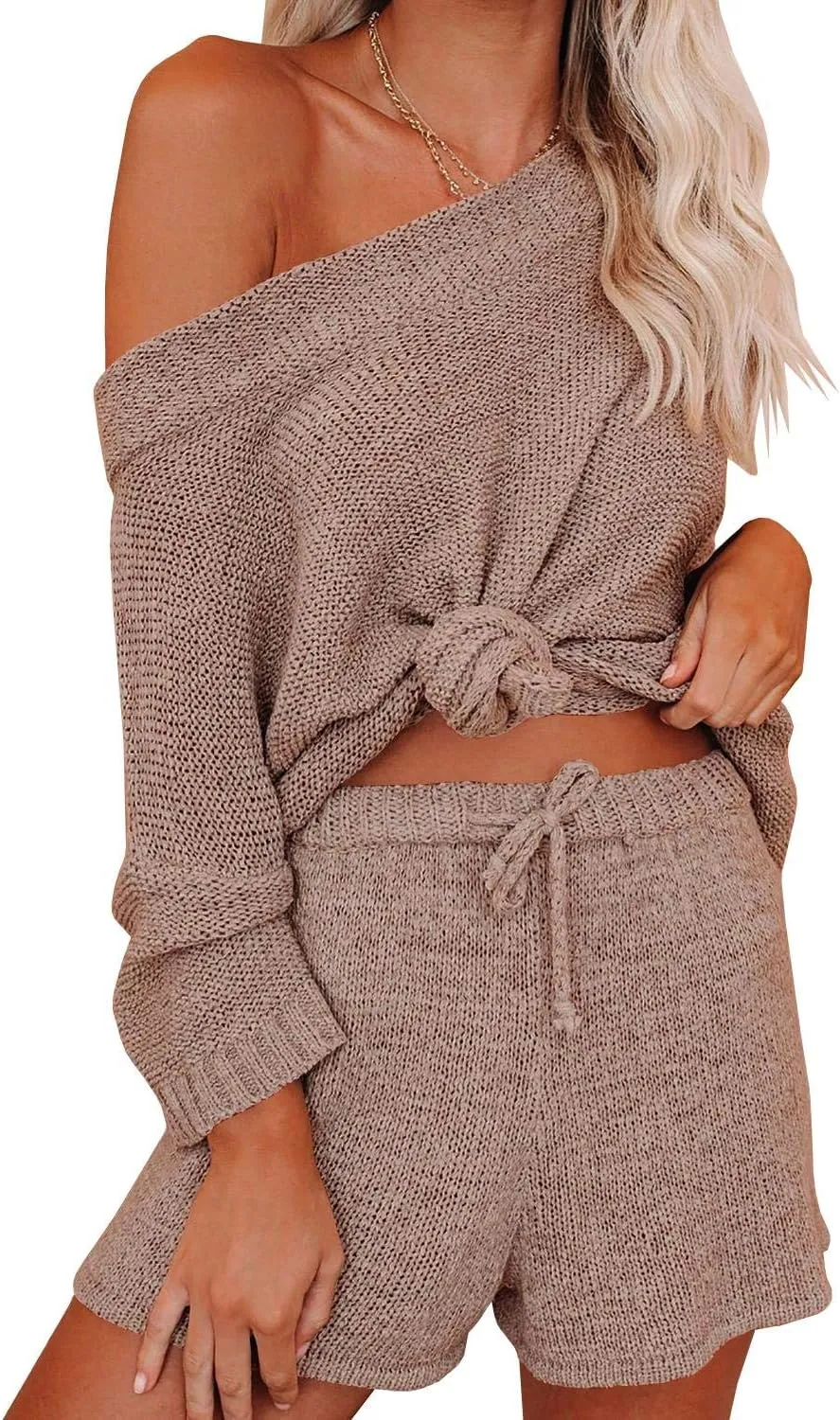Ermonn Womens 2 Piece Outfits Sweater Sets Off Shoulder Knit Tops Waist Short Suits Casual Pajama Set