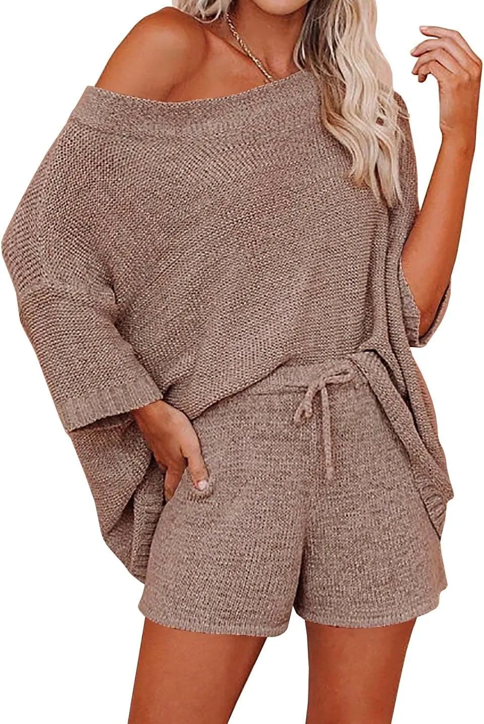 Ermonn Womens 2 Piece Outfits Sweater Sets Off Shoulder Knit Tops Waist Short Suits Casual Pajama Set