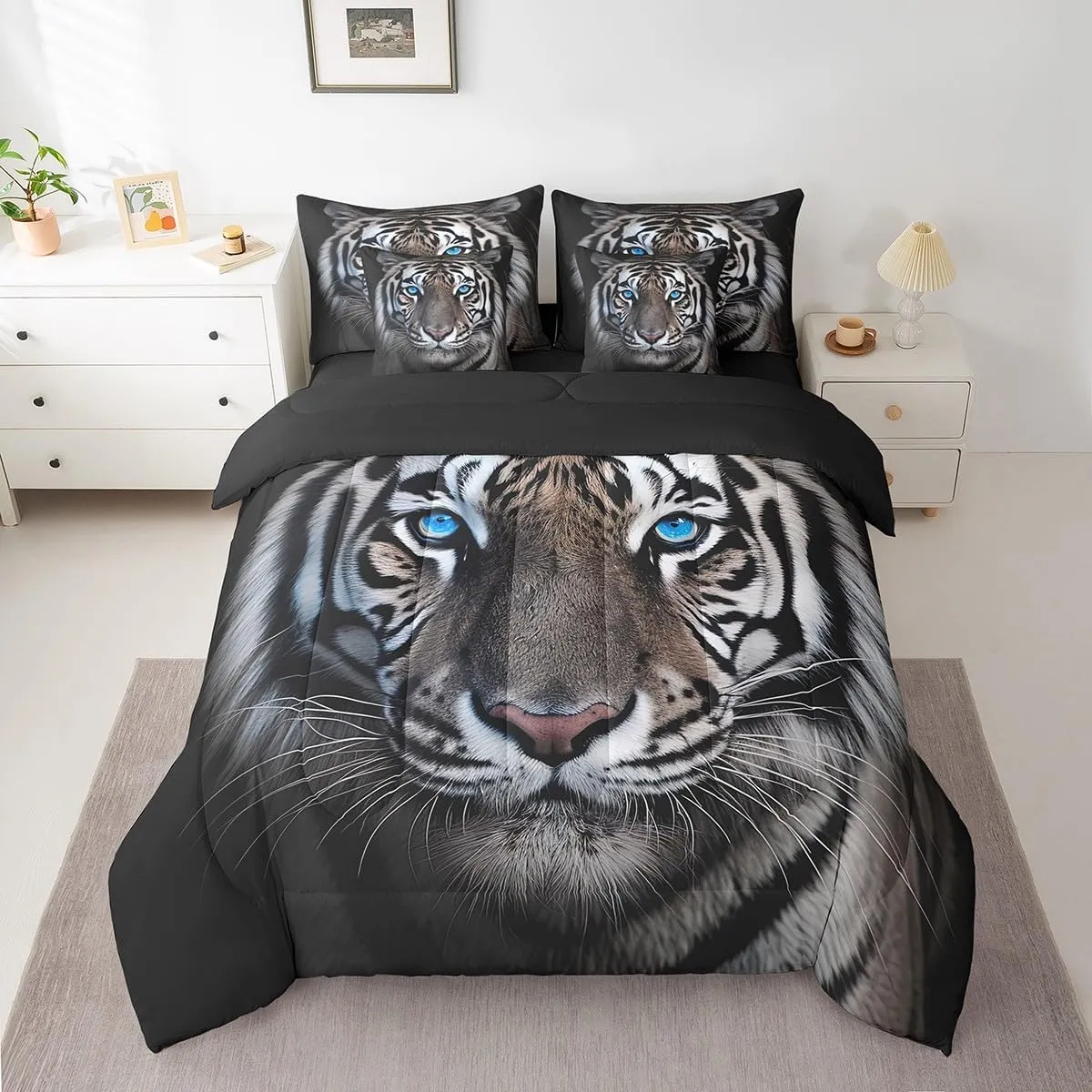 Erosebridal 7 Piece Tiger Comforter Set Full Size 3D Animal Bed in A Bag for Kids Boys Men,Jungle Wildlife Bedding Set Tiger Bed Sheets with Comforter