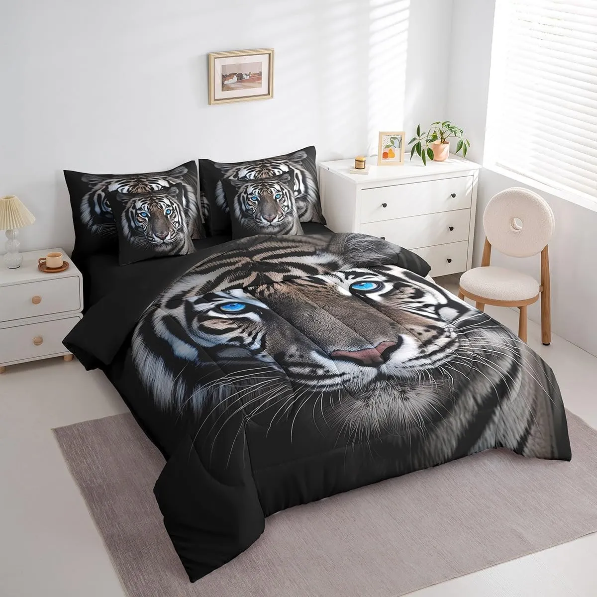 Erosebridal 7 Piece Tiger Comforter Set Full Size 3D Animal Bed in A Bag for Kids Boys Men,Jungle Wildlife Bedding Set Tiger Bed Sheets with Comforter