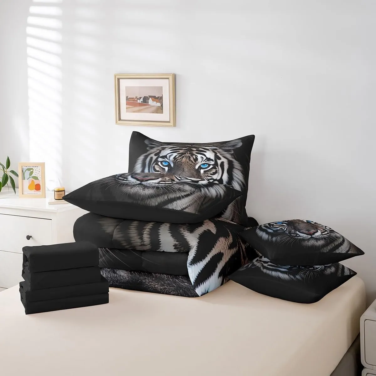 Erosebridal 7 Piece Tiger Comforter Set Full Size 3D Animal Bed in A Bag for Kids Boys Men,Jungle Wildlife Bedding Set Tiger Bed Sheets with Comforter