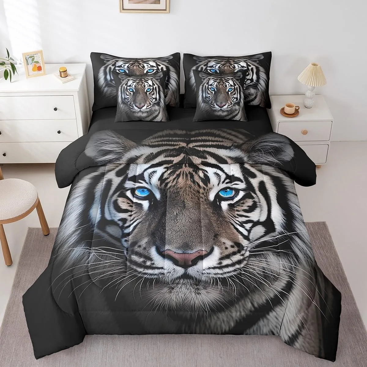 Erosebridal 7 Piece Tiger Comforter Set Full Size 3D Animal Bed in A Bag for Kids Boys Men,Jungle Wildlife Bedding Set Tiger Bed Sheets with Comforter