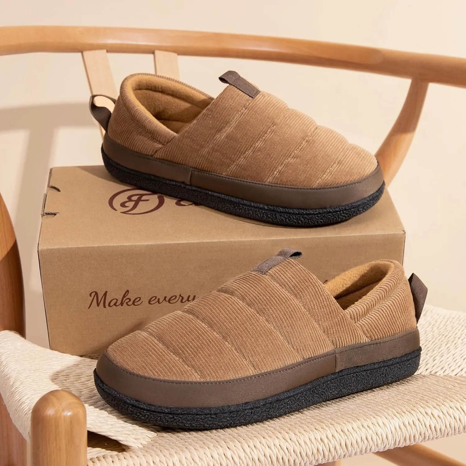 EverFoams Men's Quilted Slippers Soft Comfy Corduroy Closed-back Indoor Outdoor Memory Foam House Shoes