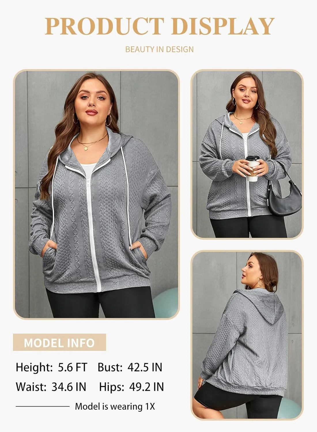 Eytino Womens Plus Size Hoodies Sweatshirt Long Sleeve Zip Up Drawstring Jacket Coat Outwear with Pocket(1X-5X)