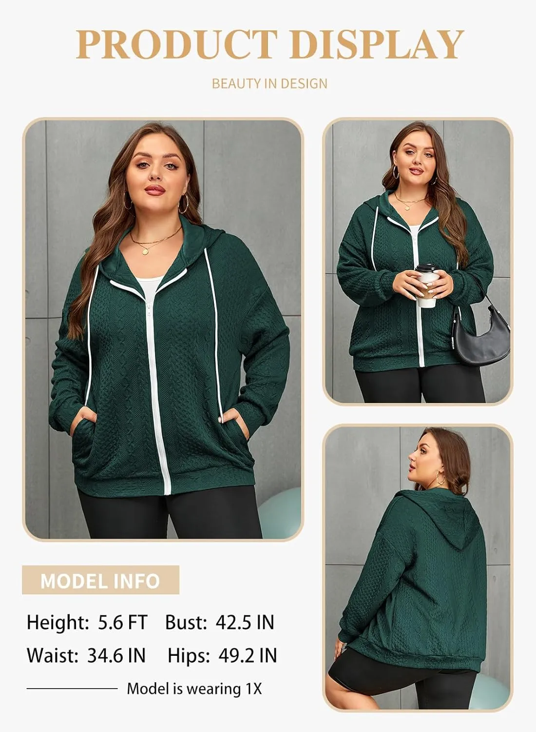 Eytino Womens Plus Size Hoodies Sweatshirt Long Sleeve Zip Up Drawstring Jacket Coat Outwear with Pocket(1X-5X)