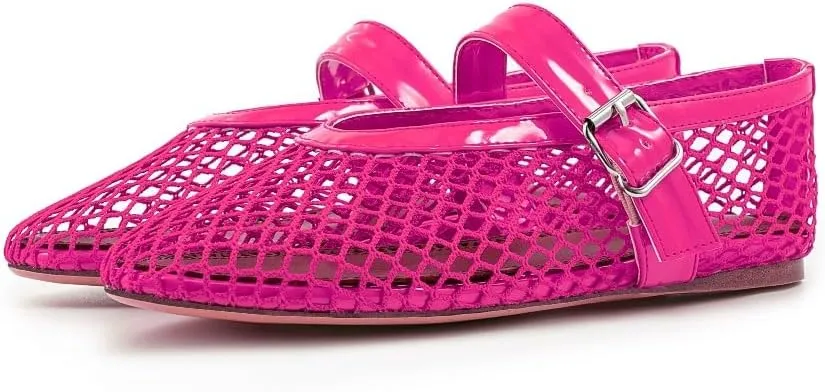 Fandimeier Mesh Ballet Flats for Women Fishnet Comfy Buckle Strap Ballerina Dressy Daily Flat Shoes
