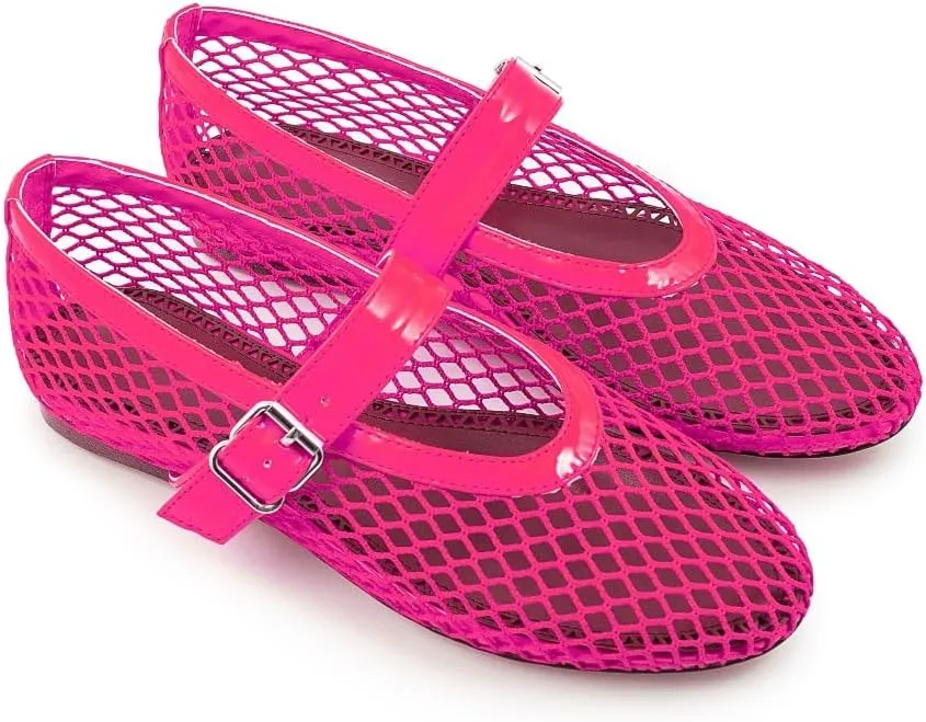 Fandimeier Mesh Ballet Flats for Women Fishnet Comfy Buckle Strap Ballerina Dressy Daily Flat Shoes