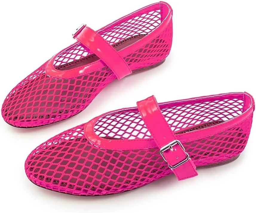 Fandimeier Mesh Ballet Flats for Women Fishnet Comfy Buckle Strap Ballerina Dressy Daily Flat Shoes