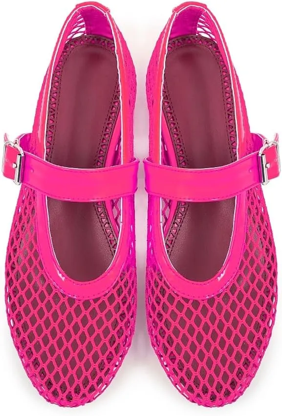 Fandimeier Mesh Ballet Flats for Women Fishnet Comfy Buckle Strap Ballerina Dressy Daily Flat Shoes