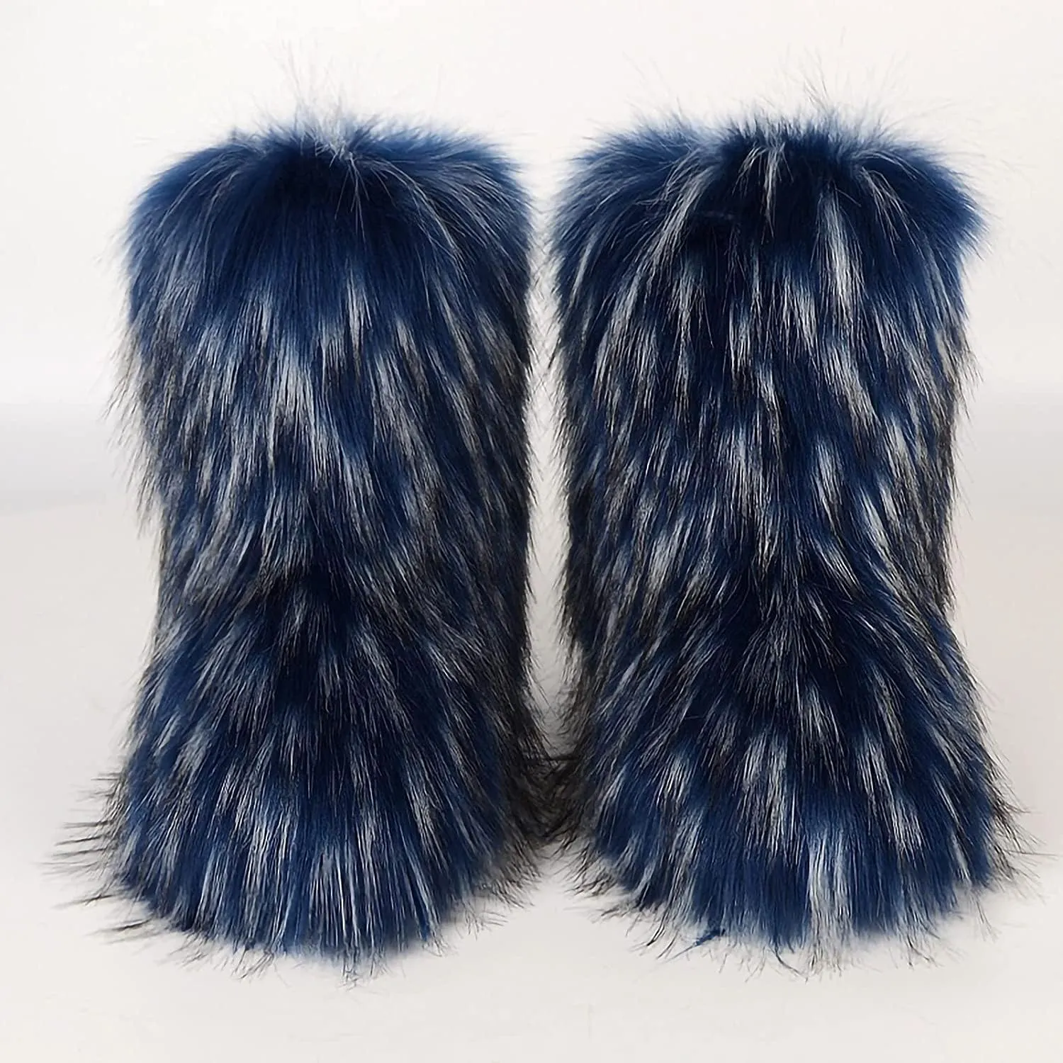 Faux Fur Boots for Women Fuzzy Fluffy Furry Round Toe Suede Winter Comfy Plush Warm Short Snow Bootie Flat Shoes Mid-Calf Boots Outdoor Indoor