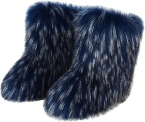 Faux Fur Boots for Women Fuzzy Fluffy Furry Round Toe Suede Winter Comfy Plush Warm Short Snow Bootie Flat Shoes Mid-Calf Boots Outdoor Indoor