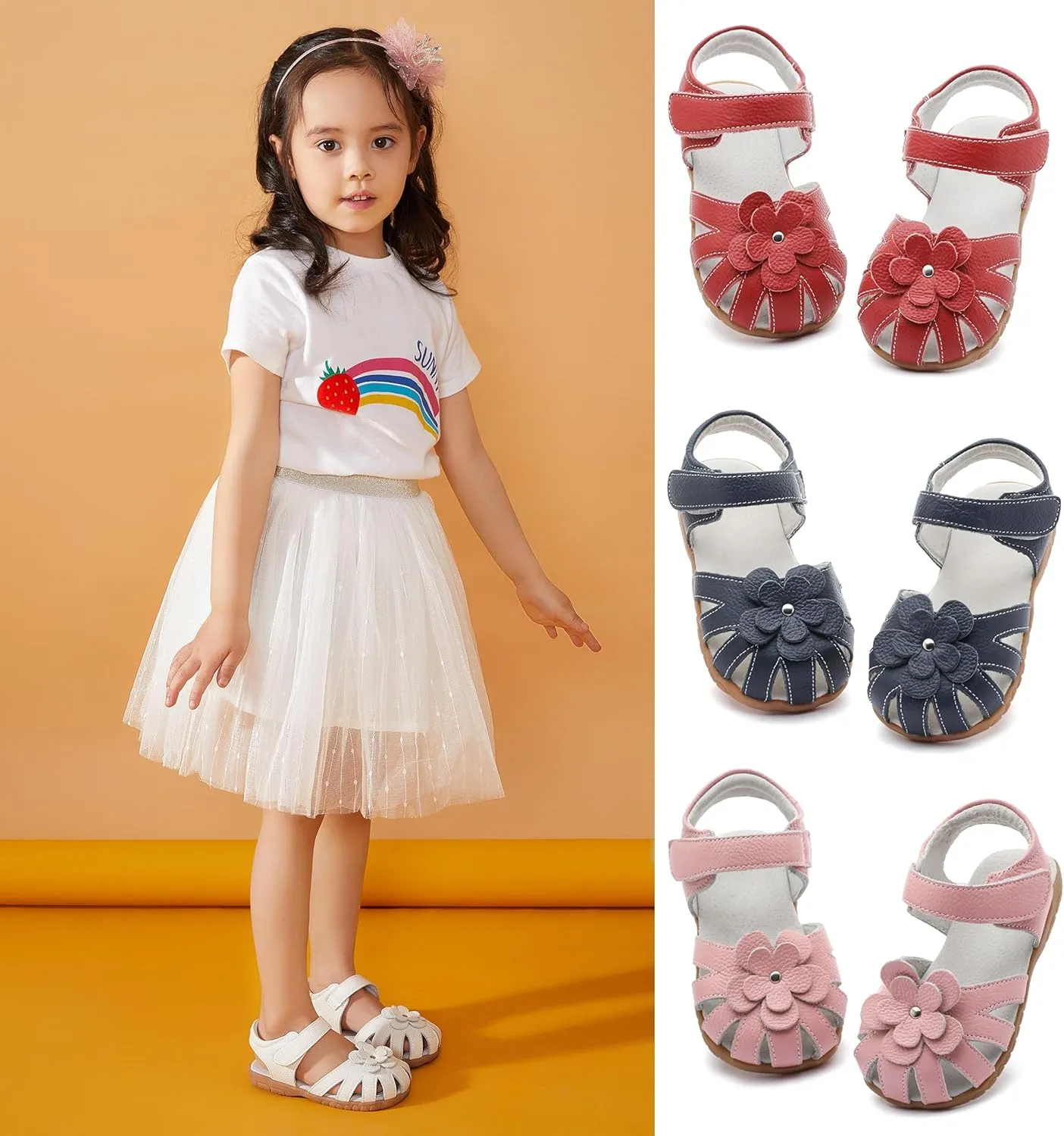Femizee Girls Genuine Leather Soft Closed Toe Princess Flat Shoes Summer Sandals(Toddler/Little Kid)