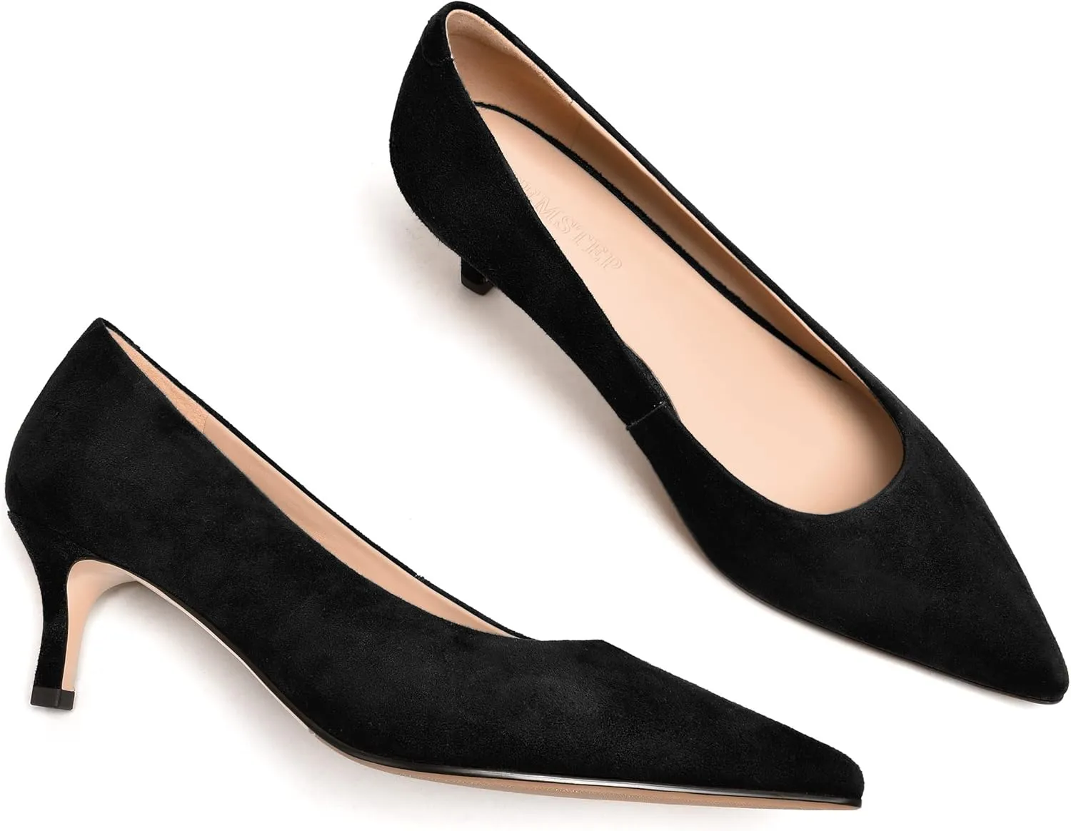 FEMSTEP Womens Slip On Suede Leather Pointed Toe Kitten Low Heel Pumps Shoes 2 Inch