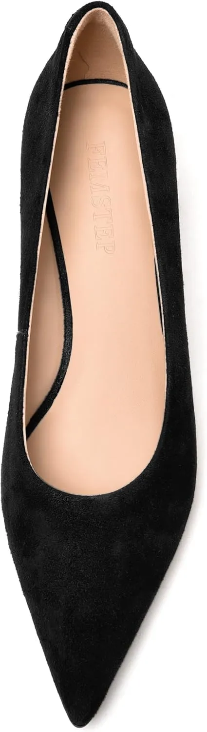 FEMSTEP Womens Slip On Suede Leather Pointed Toe Kitten Low Heel Pumps Shoes 2 Inch