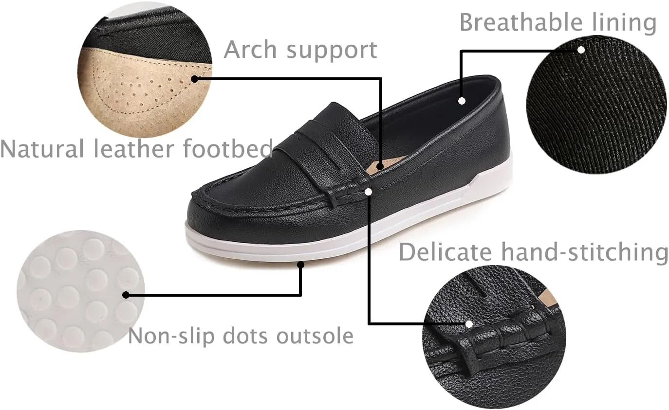 FEVERSOLE Comfort Women's Leather Daily Loafer Driving Flats Flexible Walking Boat Shoes