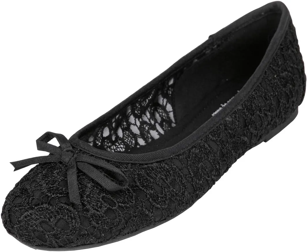 FEVERSOLE Round Toe Lace Ballet Crochet Flats Women's Comfy Breathable Shoes