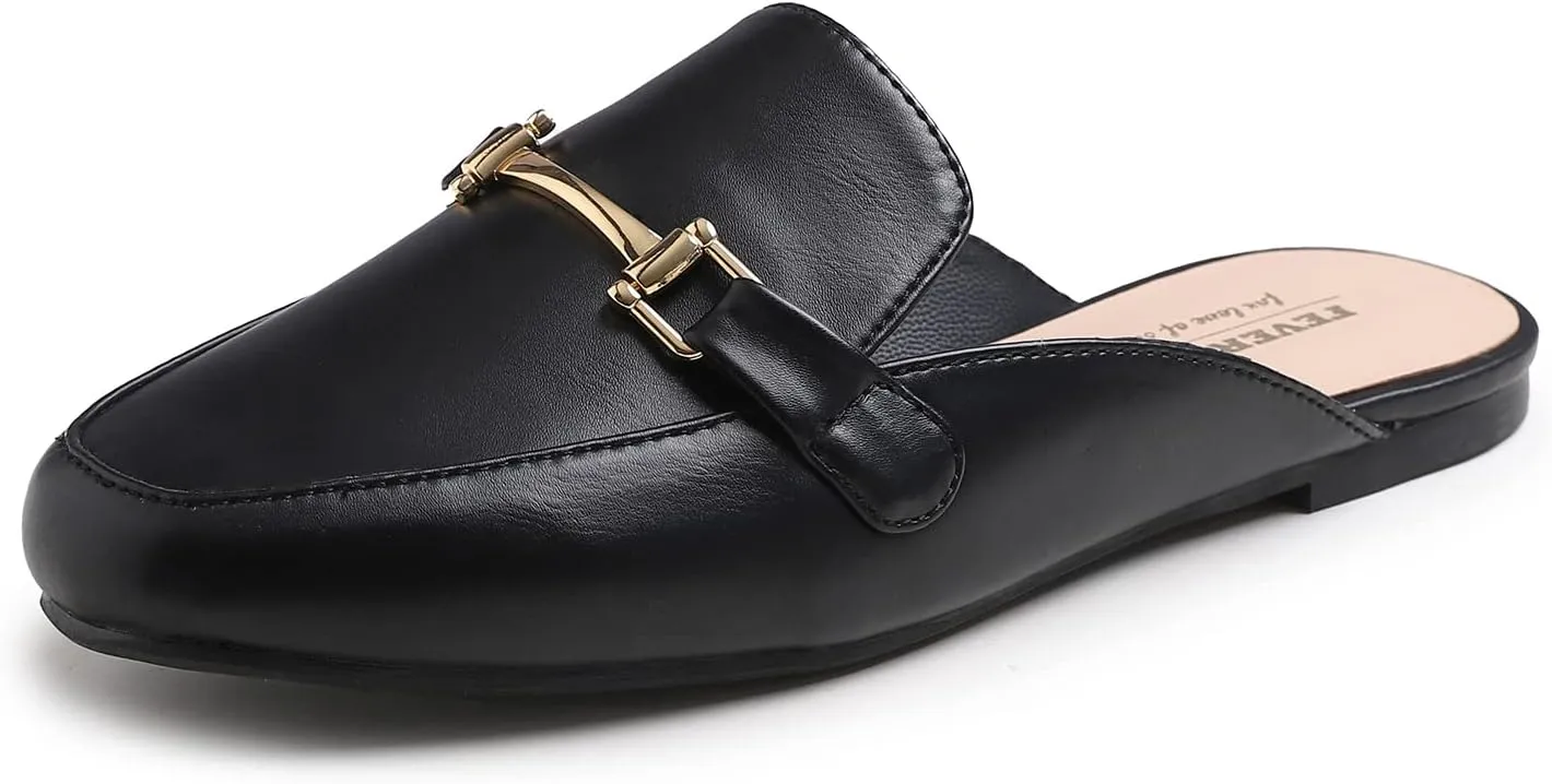FEVERSOLE Women's Fashion Deco Mules Slip On Backless Slide Flats