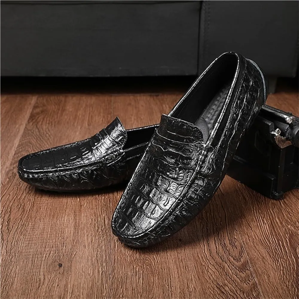 Flat Heel Flexible Lightweight Party Prom Slip On Mens Loafers Crocodile Grain Stitching Detailed Round Toe Genuine Leather