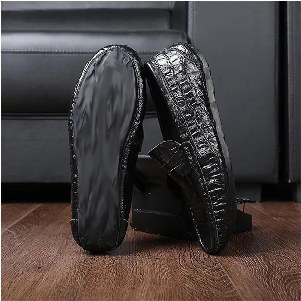 Flat Heel Flexible Lightweight Party Prom Slip On Mens Loafers Crocodile Grain Stitching Detailed Round Toe Genuine Leather