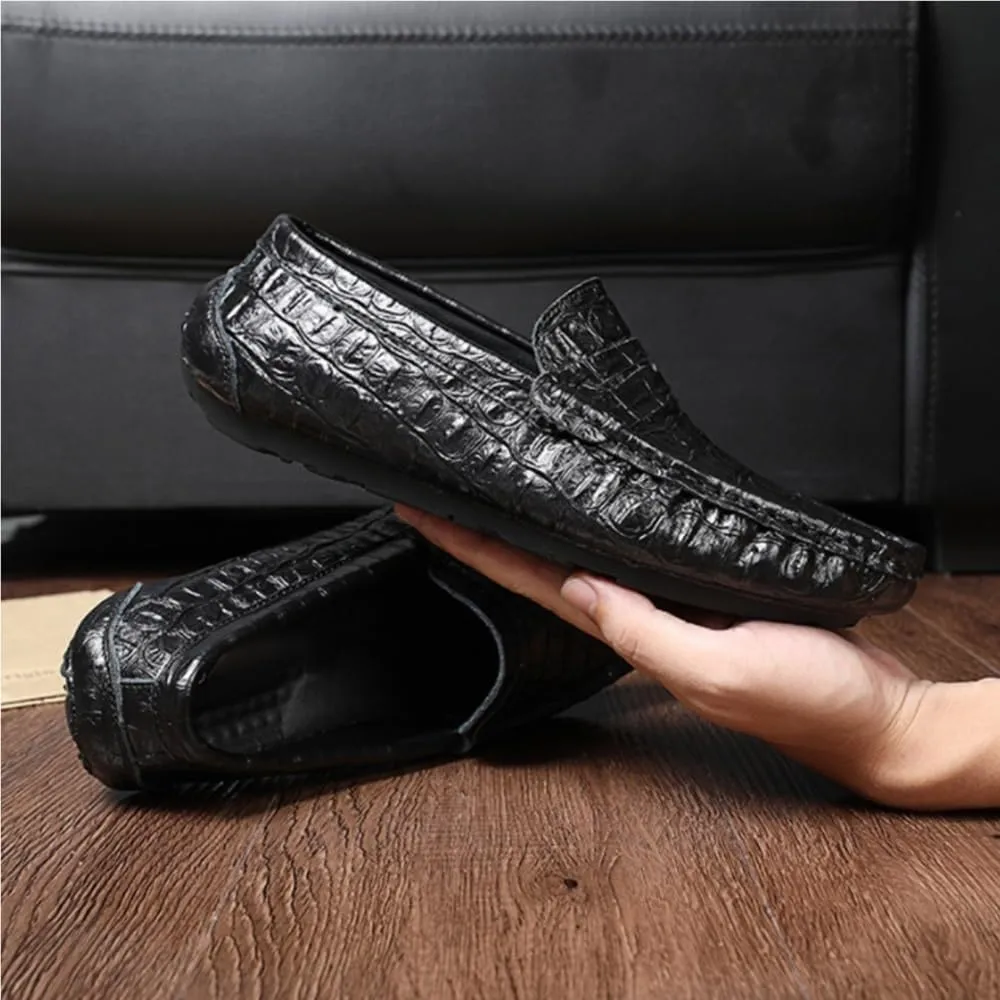 Flat Heel Flexible Lightweight Party Prom Slip On Mens Loafers Crocodile Grain Stitching Detailed Round Toe Genuine Leather
