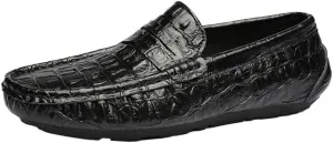Flat Heel Flexible Lightweight Party Prom Slip On Mens Loafers Crocodile Grain Stitching Detailed Round Toe Genuine Leather