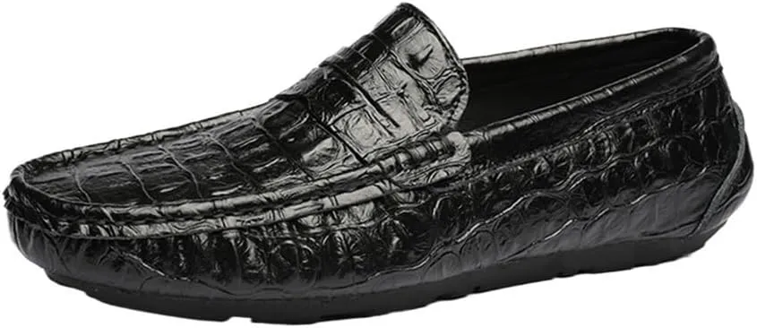 Flat Heel Flexible Lightweight Party Prom Slip On Mens Loafers Crocodile Grain Stitching Detailed Round Toe Genuine Leather