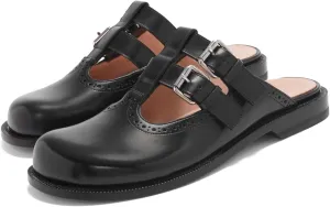 Flats Mules for Women Round Toe Low Heel Sandals Baotou Double Belt Buckle Mary Jane Flat Slip-on Backless Comfortable Casual Walking Dress Party Soft Shoes