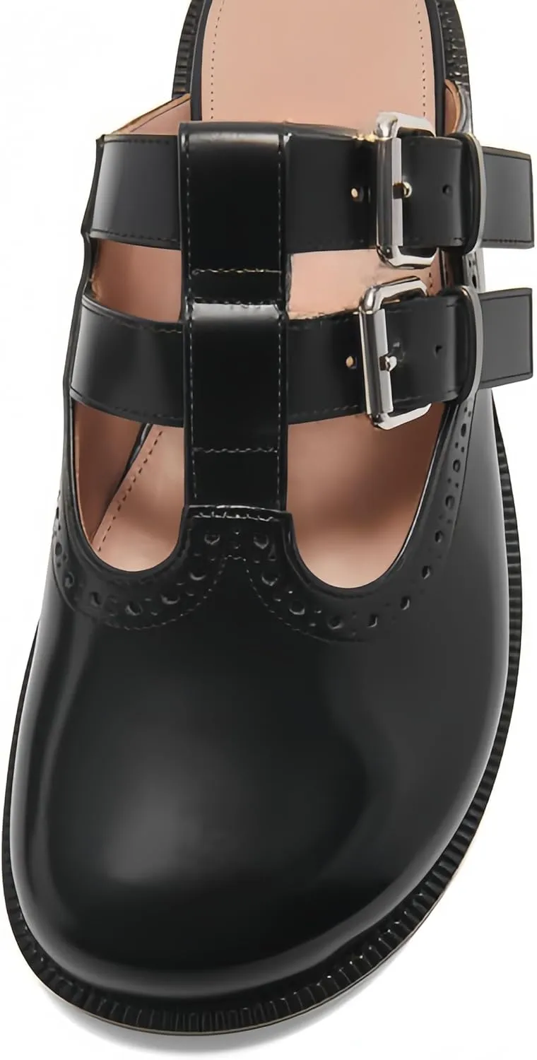 Flats Mules for Women Round Toe Low Heel Sandals Baotou Double Belt Buckle Mary Jane Flat Slip-on Backless Comfortable Casual Walking Dress Party Soft Shoes