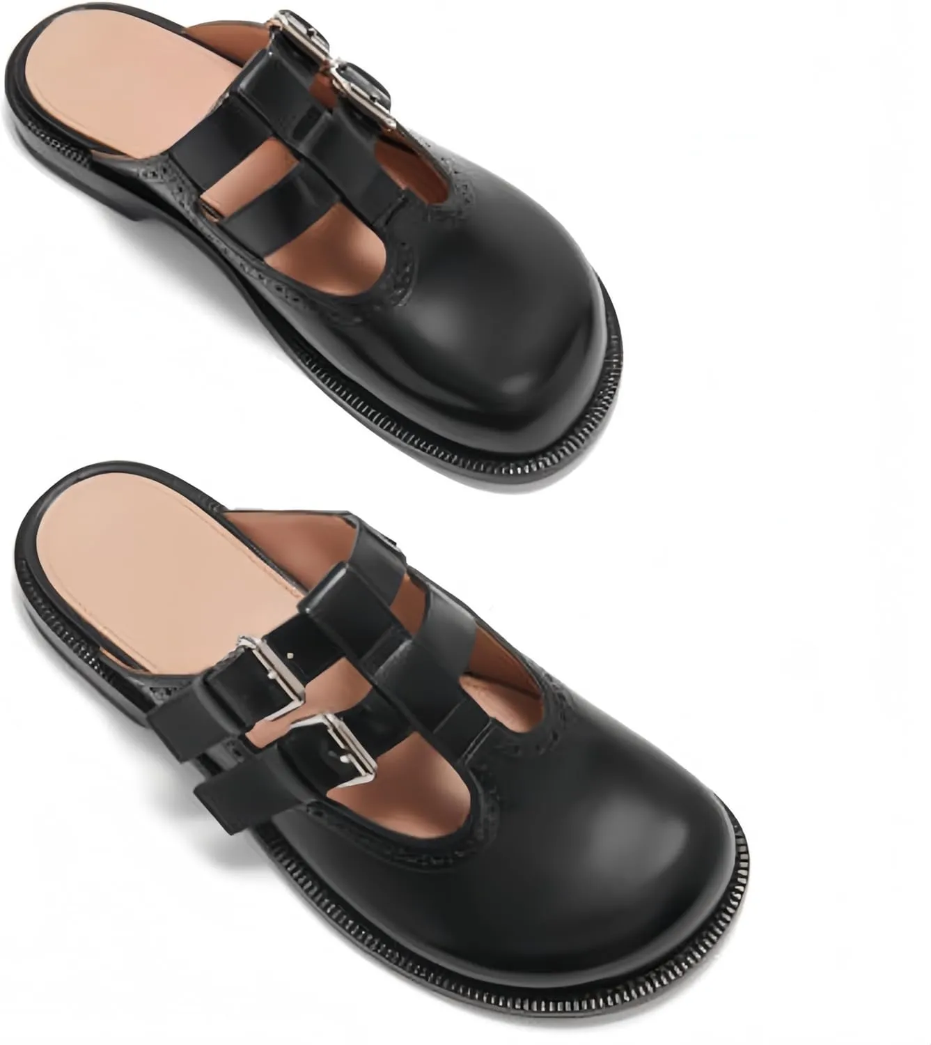 Flats Mules for Women Round Toe Low Heel Sandals Baotou Double Belt Buckle Mary Jane Flat Slip-on Backless Comfortable Casual Walking Dress Party Soft Shoes