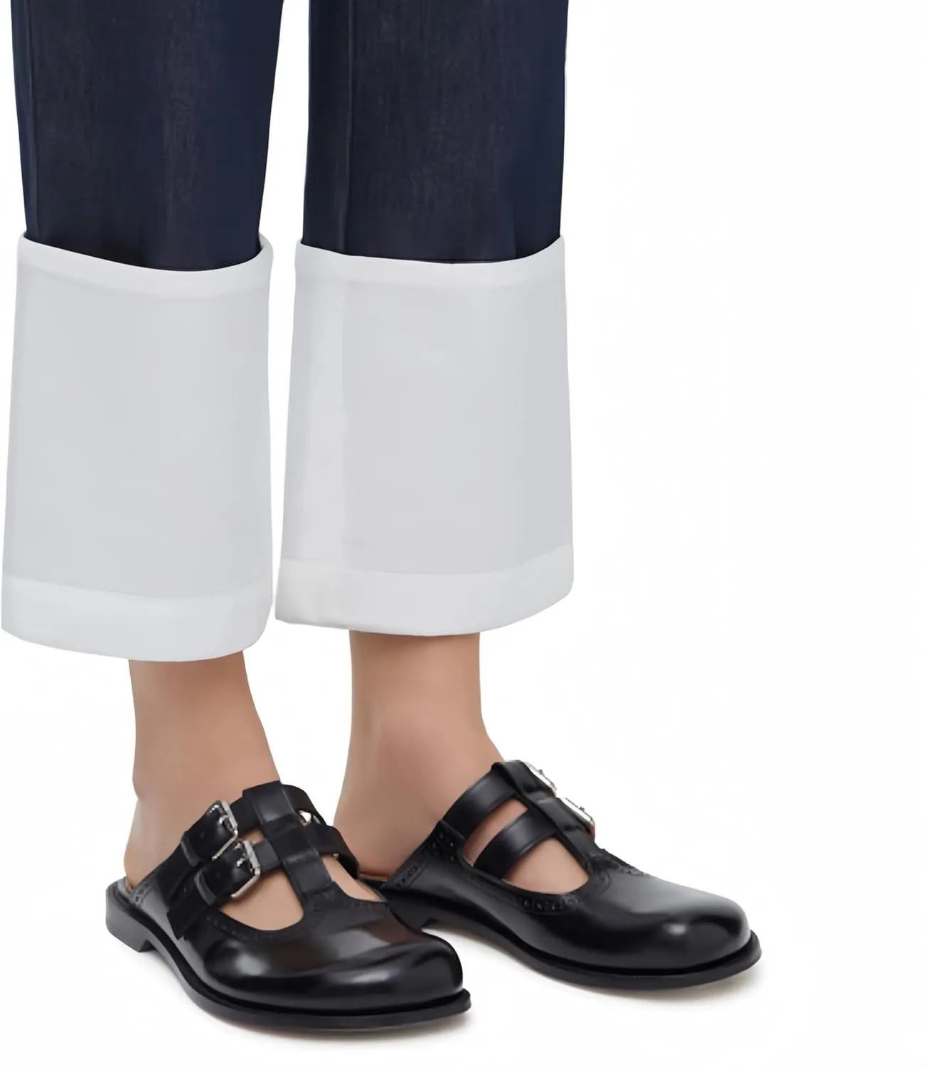 Flats Mules for Women Round Toe Low Heel Sandals Baotou Double Belt Buckle Mary Jane Flat Slip-on Backless Comfortable Casual Walking Dress Party Soft Shoes