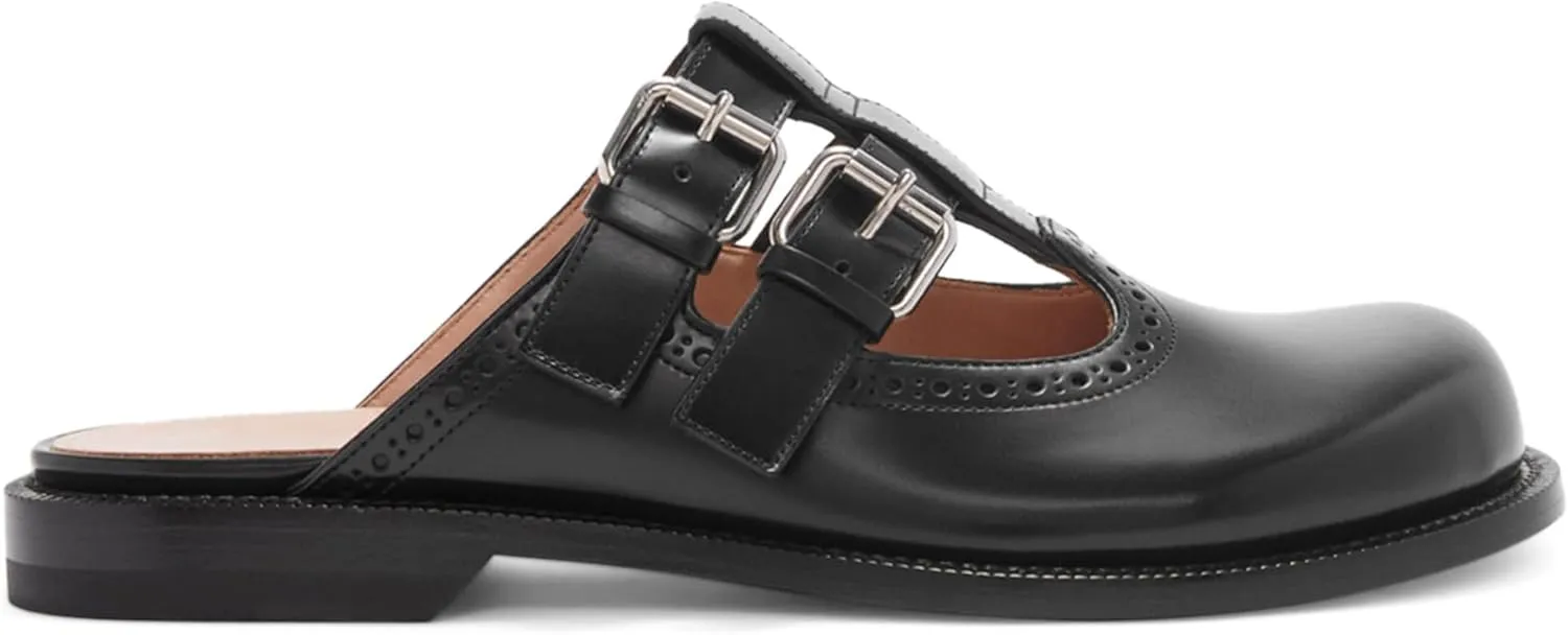 Flats Mules for Women Round Toe Low Heel Sandals Baotou Double Belt Buckle Mary Jane Flat Slip-on Backless Comfortable Casual Walking Dress Party Soft Shoes