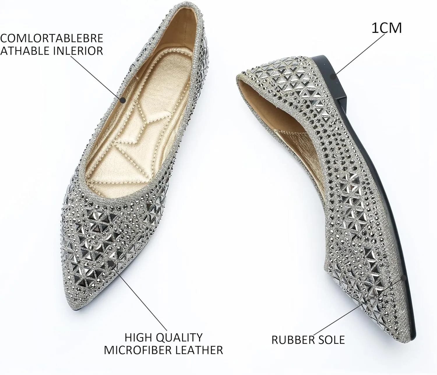 Flats Shoes Women Rhinestone Pointed Head Flats Comfortable Soft Memory Foam Insole Flat Shoes