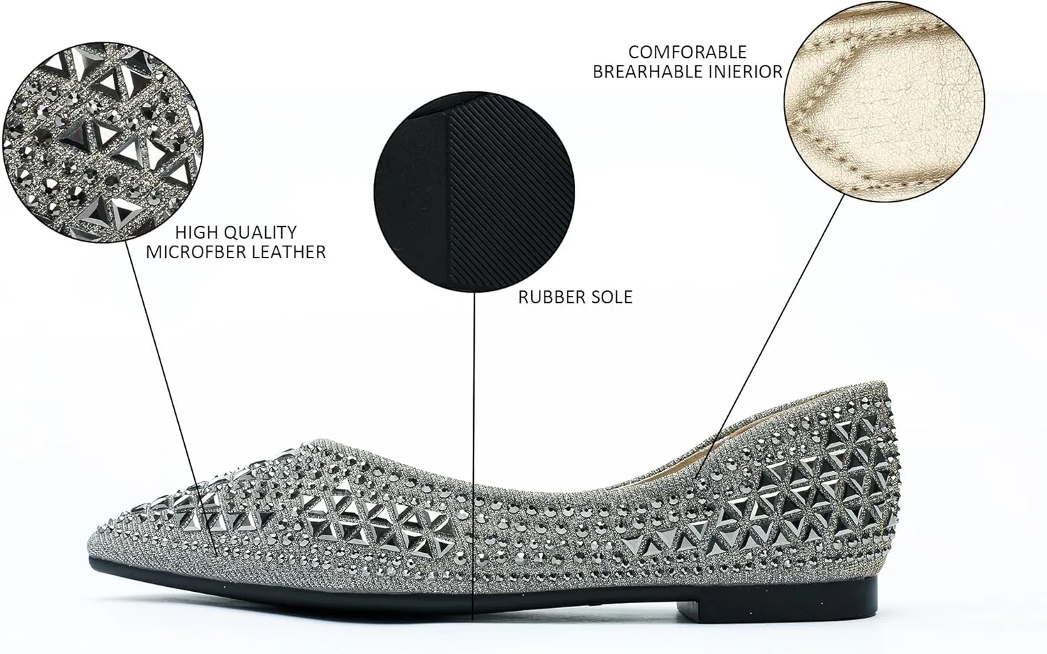 Flats Shoes Women Rhinestone Pointed Head Flats Comfortable Soft Memory Foam Insole Flat Shoes