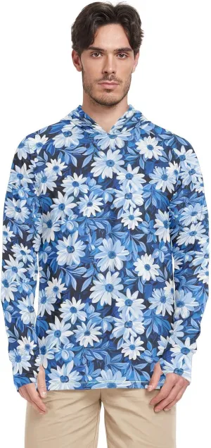Flower and Whites Blue Mens Sun Protection Hoodie Long Sleeve UPF 50 Mens Sun Shirt Quick-Dry UV Hooded Rashguard for Men Sun Proof Shirts Camisas con Gorro para Hombres para trabajar