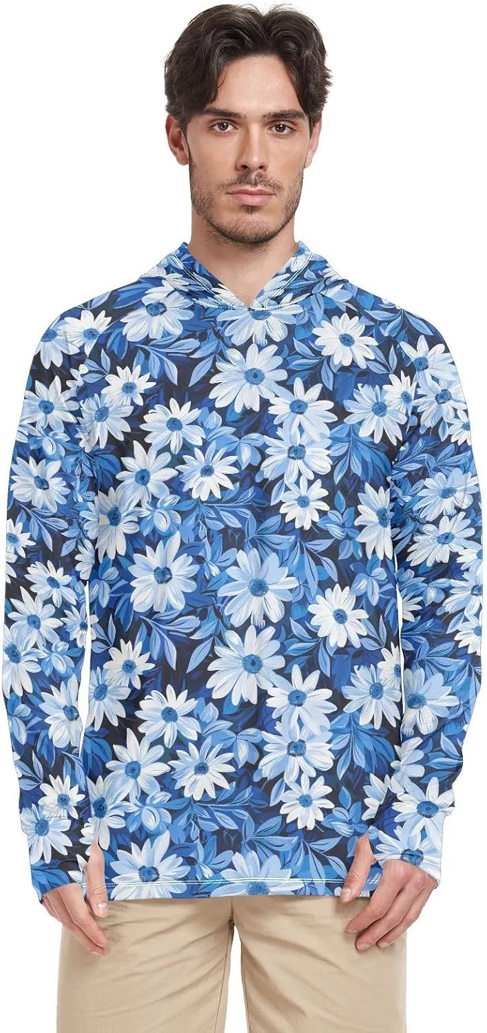 Flower and Whites Blue Mens Sun Protection Hoodie Long Sleeve UPF 50 Mens Sun Shirt Quick-Dry UV Hooded Rashguard for Men Sun Proof Shirts Camisas con Gorro para Hombres para trabajar